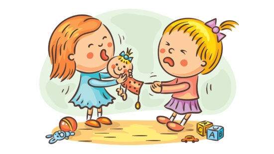 illustration of two young girls fighting over a doll
